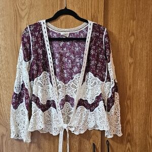 Elegant Floral Lace Trim Top in Burgundy and Cream.